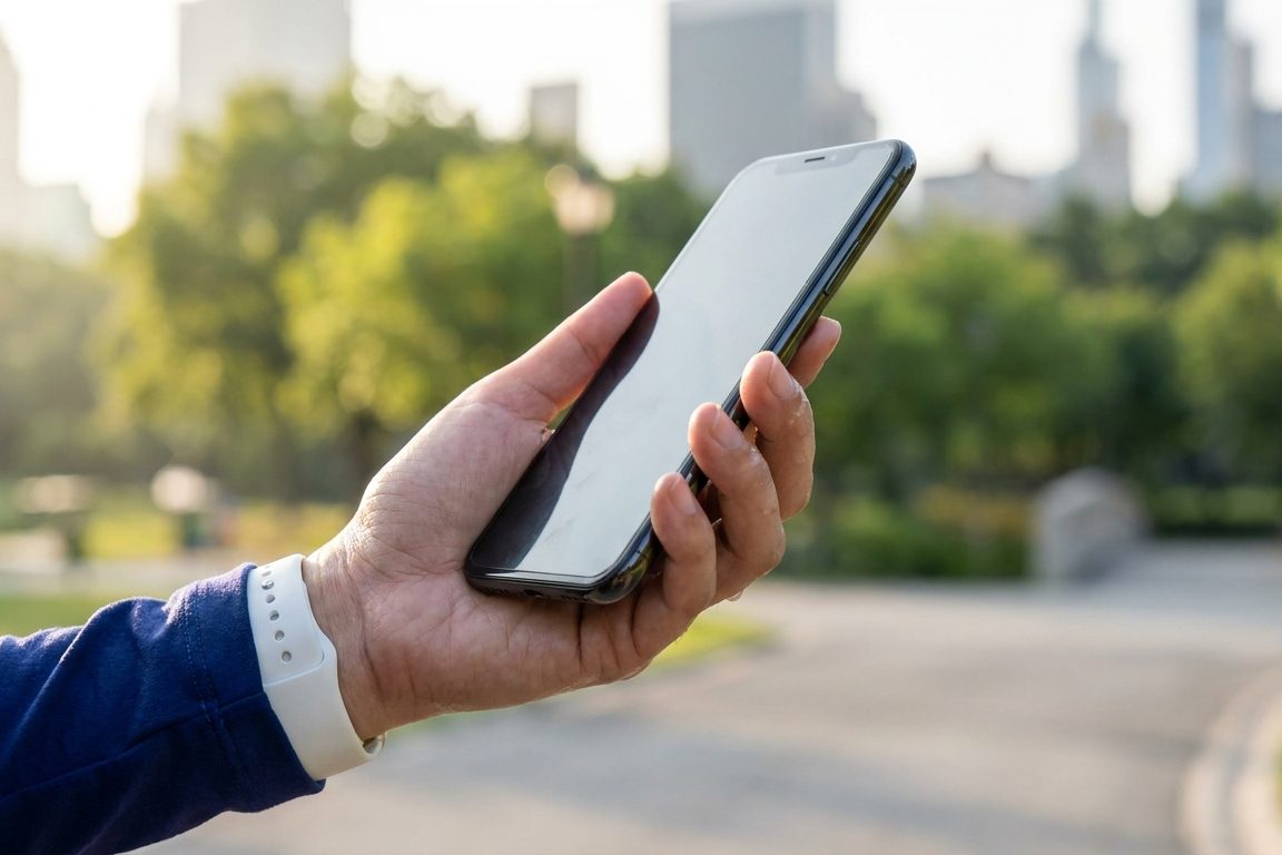 Hand mit Smartphone im Park