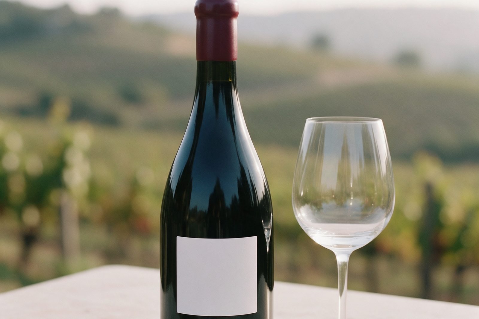 Weinflasche Alpenrot mit Glas vor Weinbergen